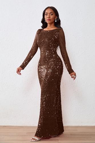 Image of VERWIN Women's Sequins Bodycon Round Neck Long Sleeve Sparkly Mermaid Maxi Dress for Casual Party Cocktail