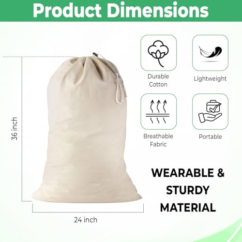 2 Pack - Extra Large Cotton Laundry Bag, Heavy Duty Large Laundry Bags 24 x 36 inch XL Drawstring Travel Organizer Bag Fit Hamper Basket Camp (Beige, Pack of 2)