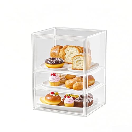 QISHENG – Large Capacity Bread Box Pastry Display Case – Fully Transparent 3-Tier Stackable Storage Box, Acrylic for Kitchen Counter, Dustproof Display Cabinet for Bakery & Dessert Shop