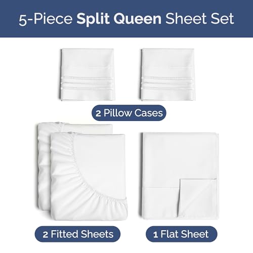 Image of Split Queen Sheet Set - Split Queen Sheets for Adjustable Beds - White | Designed for Split Queen Mattress, Fits 14 inch to 16 inch Deep Pockets, Extra Soft Queen Split Fitted Sheet Set, Wrinkle & Fade Free