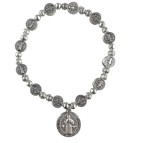 Catholic Rosary Metal Bracelet Saint Benedict Medal Bracelet for Men and Women Faith Baptism silvery