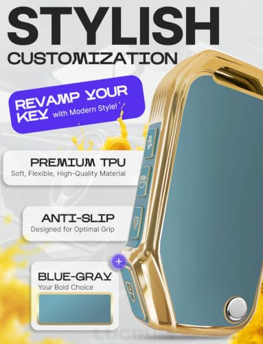 Image of Lucrum Key Fob Cover for Kia, TPU KeyFob Case & Leather Keychain | Fits ONLY FLIP Cadenza Forte K5 Niro Seltos Sorento Soul Sportage, 4 Button Keyfob Case (2018-2025) - Blue and Gold