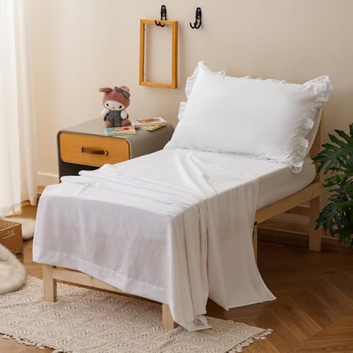 Image of CLOTHKNOW 4Pieces White Ruffle Toddler Bedding Sets for Girls Comforter | Soft Crib Bed Sets, All Season, Farmhouse Comforter Sets
