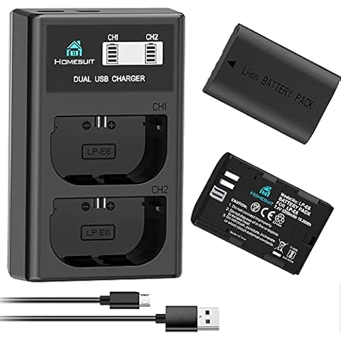 Homesuit LP-E6 LP E6N Battery and Upgraded LCD Charger Set Compatible with Canon EOS 80D,90D,5D Mark II,III,IV,5DS,5DS R,6D,60D,6D Mark II,7D,7D Mark II,70D,XC15,RA,R5,R6,BMPCC 4k 6k(2-Pack 2200mAh) Cover