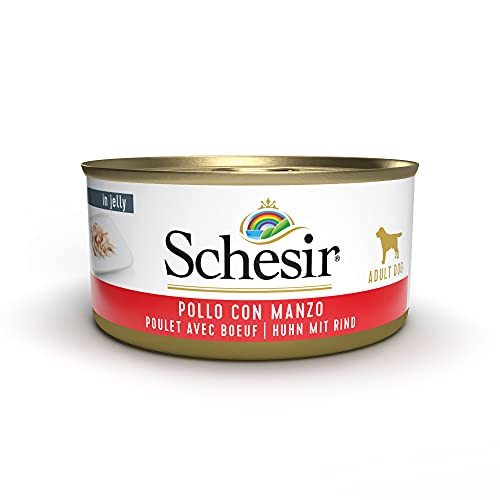 Schesir, Cibo Umido per Cani Adulti al Gusto Pollo con Manzo Preparato in Morbida Gelatina - Totale 2,7Kg (18 Lattine da 150G)