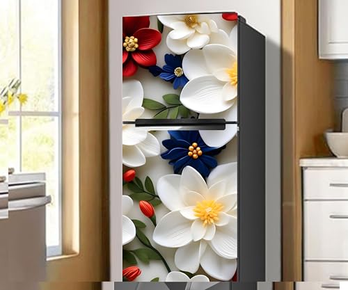 Image of DesignDecor Vinyl 3D Flower Fridge Sticker, 24x60 cm, Marble Texture, Double Door Refrigerator (White)