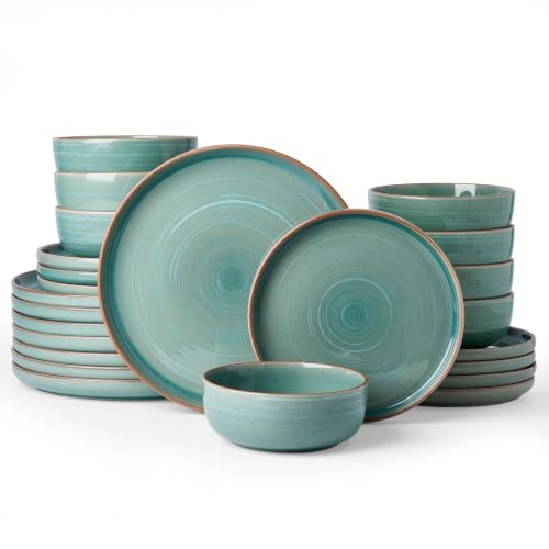 Image of Famiware Meteor 24-Piece Stoneware Dinnerware Set, Peacock Green | Plates and Bowls for 8, Reactive Glaze with Speckles & Circles, Microwave /Dishwasher Safe, Chip /Scratch Resistant