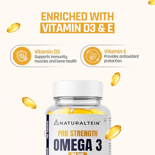 Image of NATURALTEIN Pro Strength Omega 3 Plus Fish Oil 1000mg with EPA 180mg & DHA 120mg | Enriched with Vitamin D3 & Vitamin E | Supports Heart, Brain, Skin, Eye & Joint Health | Heavy Metal Tested | 60 Softgels