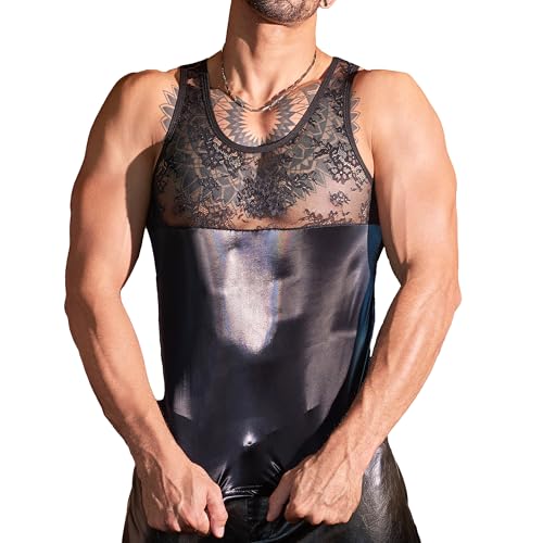 Corpiño de Encaje Sexy Transparente para Hombre, Camisas de Manga Corta Tipo Cuero para Ropa Deportiva, A- Negro., Talla única