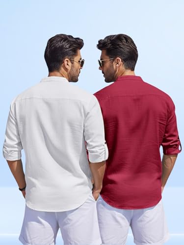 Image of Men's Cotton Blend Straight Kurta Shirt Combo with Mandarin Collar - Slim Fit Casual Short Kurti Set Featuring Textured Slub Fabric and Roll-Up Full Sleeves