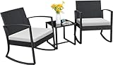 Homall Patio Furniture Set 3 Piece Resin Outdoor Bistro Set Rocking Patio Chairs with Cushions and Table for Porch, Poolside, Balcony and Yard (White)
