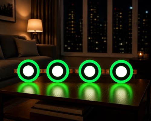 Image of OLIPS 6W (3+3) LED Ceiling Panel Down Light | Dual Color Change by On /Off Switch | Fan Box POP Decorative LED | White Center & Color Ring Design (Green, 4)