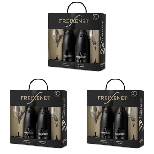 Freixenet Cava Cordón Negro Brut, estuche 2 botellas y 2 copas (Paquete de 3)