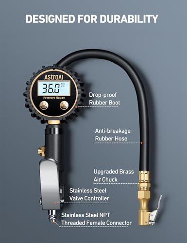 Image of AstroAI Digital Tire Pressure Gauge with Inflator, 3-250 PSI ±1% Precision | Inflate, Deflate & Read with Backlit LCD for Day or Night, Heavy-Duty Air Chuck, for Cars, Motorcycles, SUVs & More, White