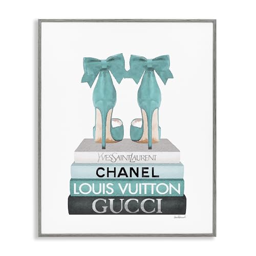 Image of Stupell Industries 'Turquoise Bow Heels on Books', Framed Giclee Art, Gray, 16 x 20 Inches, Easy to Hang and Sturdy, Made in USA, by Amanda Greenwood | Stupell Industries | Gray, 16 x 20 Inches, Easy to Hang and Sturdy, Made in USA, by Amanda Greenwood