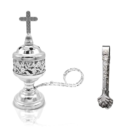Sliver-Finish Bakhoor Incense Burner with Tong for Charcoal and Resin