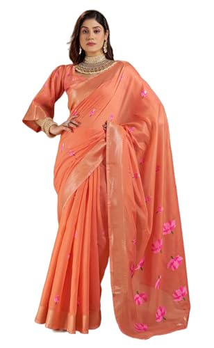 Image of SWORNOF Womens Linen Silk Saree | Saree for Women With Unstitched Blouse | Saree with Blouse Piece | Soft and Skin Friendly