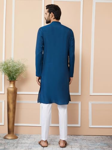 Image of See Designs Men's Long Sleeve Mandarin Collar Side Slit Cream Embroidered Chanderi Silk Straight Kurta with Pyjama