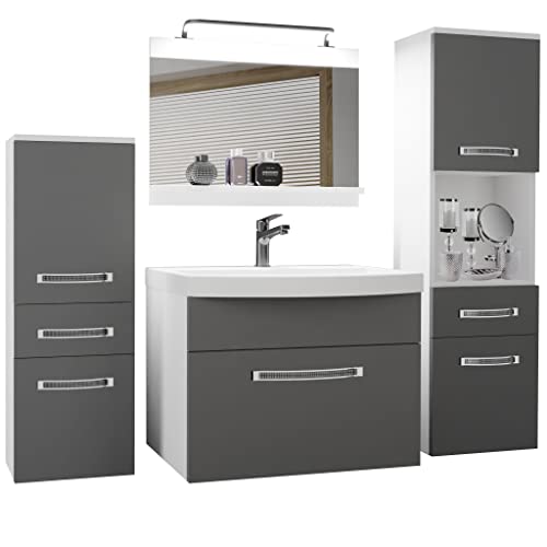 BELINI Meuble de Salle de Bain | Lavabo Inclus, Meuble sous-Vasque, Miroir et 2X Cabinet | Largeur: 140 cm | Kit d'éclairage Inclus | Couleur : Argent Mat