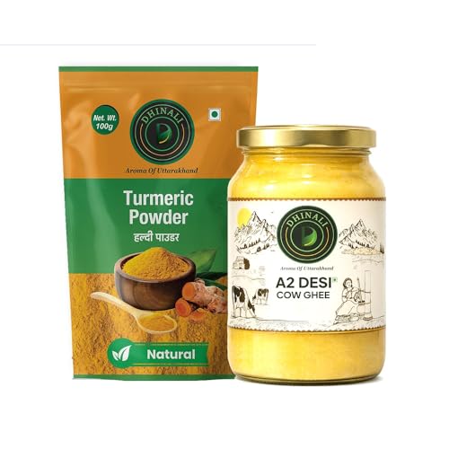 Image of DHINALI A2 Desi Cow Ghee 500ml & Natural Turmeric Powder 100g Combo | Traditional Bilona Curd-Churned Ghee with Pure Lakadong-Style Haldi | Immunity-Boosting Kitchen Staples from Uttarakhand