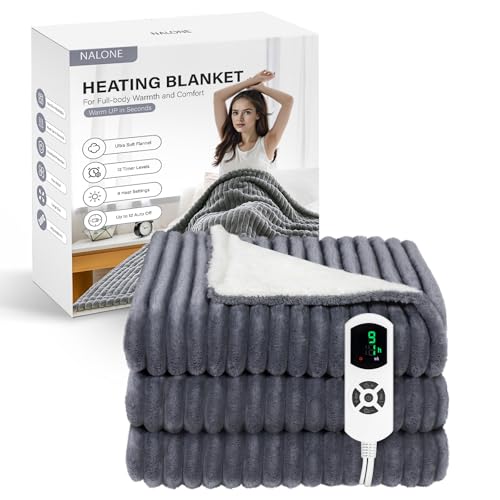 NALONE Manta Eléctrica Grande160x130cm, Manta Termica 9 Niveles de Calor, Temporizador de 12 Horas para Cama, Hogar y Oficina Franela Lavable a Máquina (160 x 130cm)