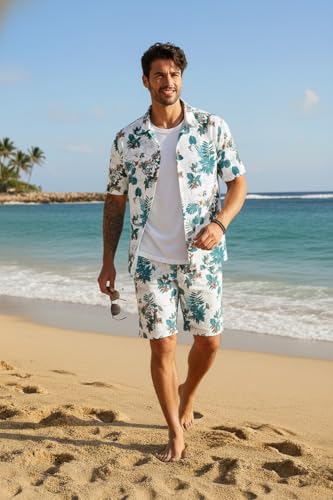 Image of Zilcon Men's Matching Set Summer Beach 2 Piece Outfits Floral and Palms Button Down Shirts and Shorts Goa Vacation Outfits