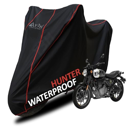 Image of Bike Body Cover Compatible with Hunter 350 Full Body Cover with Waterproof, Dust Proof, UV Rays Protective, Tripple Stitching & Lightweight Two Wheeler Covers - Black with Waterproof Red Piping