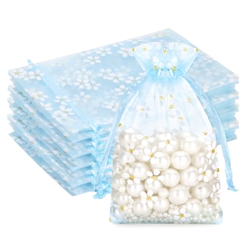 G2PLUS Sachet Organza Bleu aux Marguerites: Pochette Organza 10x15 cm, 30 Pièces Sac à Bijoux Idéaux pour les Dragées, Mariages, Baptême et Anniversaires