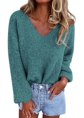 KIRUNDO Womens Oversized V Neck Cozy Fall Knit Sweater(Blue Green, XXL) - image 1