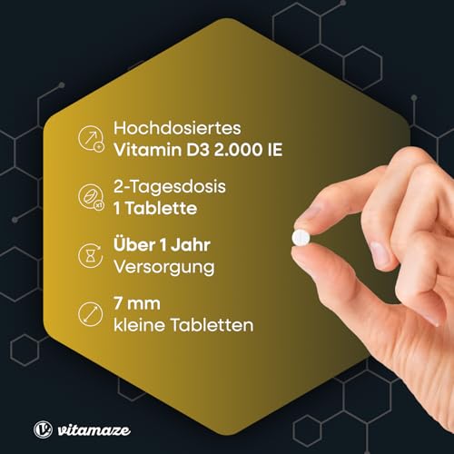 Vitamin D3 2000 IE hochdosiert, Vorrat für über 1 Jahr, 50 mcg reines Cholecalciferol pro 2-Tagesdosis, Sonnenvitamin für Knochen und Immunsystem, Made in Germany