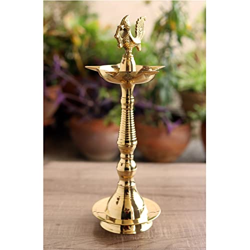 Image of Indian Art Villa Pure Brass Shine Finish Stand /Pillar Diya /Deepak /Lamp /Lantern with Peacock Design, Pooja, Home Decor & Diwali Gift Item, Height-12 Inches
