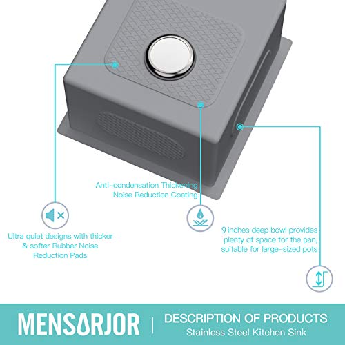 Bar Sink, Mensarjor 17'' X 19'' Single Bowl Kitchen Sink 16 Gauge Undermount Stainless Steel Kitchen Sink, Bar Or Prep Kitchen Sink (17" X 19" X 9") #TOP6