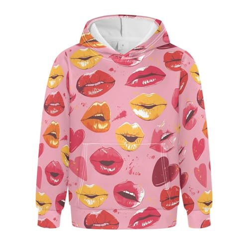Lips Kiss Heart Pattern Love Boys Girls Sweatshirts Casual Cool Hoodie Clothes with Kangaroo Pocket