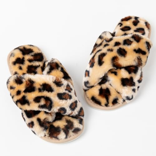 Image of Enteer Women's Slipper Memory Foam Cross Band Fuzzy Slippers Open Toe Cozy House Slippers Cozy Plush Bedroom Indoor Outdoor