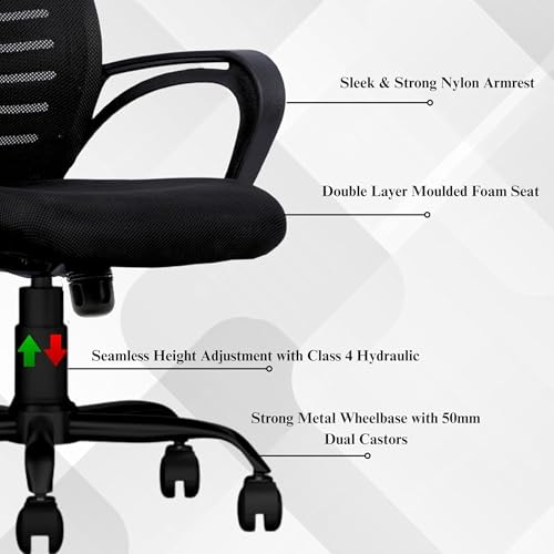 Image of Align Bliz Mesh Computer Chair for Work from Home, Ergonomic Office Seating with Height Adjustment, Armrest Support, Ventilated Backrest, Smooth Swivel Base, 3 Years Warranty - (Black, Mid Back)