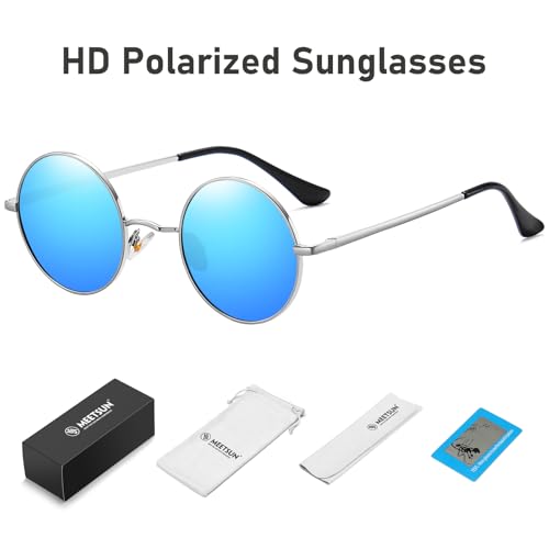 Image of MEETSUN Small Round Polarized Sunglasses for Men Women UV400 Metal Frame | Retro hippie circle sun glasses, for driving costume, party accessories, lightweight, stress-free fit, spring hinges