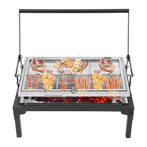 Barbecue au charbon de bois portable rotatif à 360° en acier inoxydable avec panier rabattable pour camping, hayon et aventures en plein air, avec sac de barbecue gratuit petit/moyen (68 x 38 x 35 cm)