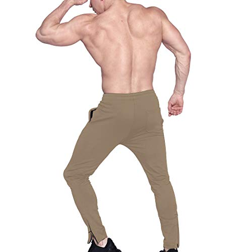 Brokig Mens Zip Joggers Pants - Casual Gym Workout Track Pants Comfortable Slim Fit Tapered Sweatpants With Pockets (Large, Beige) #TOP4