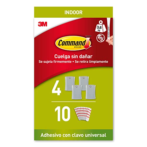 Command Clavo Adhesivo Universal Grande - 4 Clavos, 10 Tiras Adhesivas - Para Colgar Cuadros que Necesitan Tornillo Sin Agujerear o Dañar la Pared - Hasta 3,6 Kg