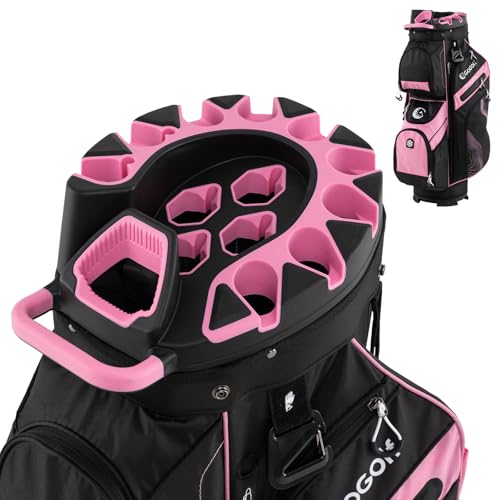Tangkula Golf Cart Bag with 14-Way Full Length Dividers, Molded Lock Top Golf Club Bag with 11 Pockets, Cooler Bag, Padded Strap, Handles, Umbrella Holder & Rain Hood (Pink)