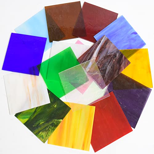 Wecrejoni 16 Sheets Variety Stained Glass Sheets,4 X 4" Cathedral Art Glass Variety Mixed Textures Glass Sheets For Stained Glass Projects, For Crafts (Mashup 1) #TOP2