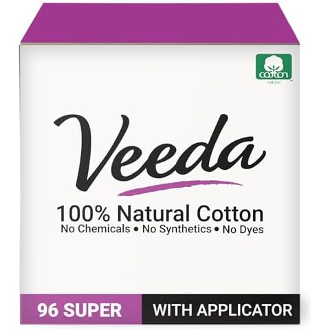 Veeda 100% Natural Cotton Tampons - Super Absorbency with Leak Proof Protection - Compact BPA-Free Applicator - Unscented & Free from Chlorine, Toxin - 96 Count Cover