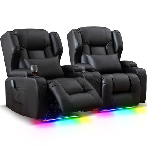 Image of Oprisen Wall Hugger Power Recliner Chair Set of 2, Overstuffed Home Theater Seating w /Heat Massage Electric Movie Gaming Sofa Reclining Sleeper Chair with LED Light /Lumbar Pillow /Cup Holders