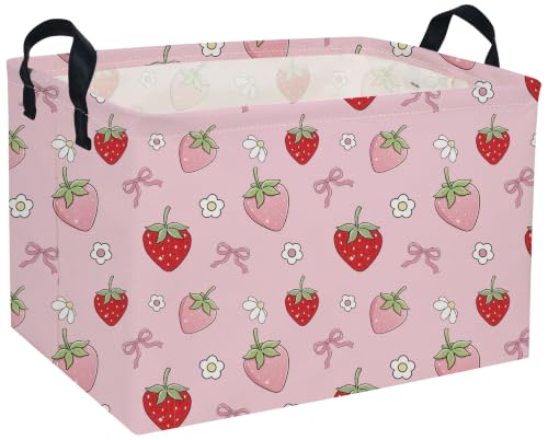 DDBASKET Rectangle Strawberry Baskets Pink Basket Cute Storage Bin for Room Decor Gift Basket(Bow strawberry)