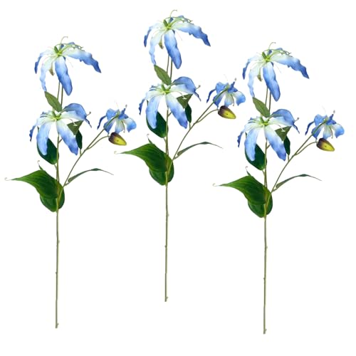 ZHDOKA Lot de 3 Fleurs de Lys Artificielles, 81,3 Cm de Long, Tige de Lys Artificiels avec 3 Têtes de Lys à Pleine Floraison et Feuilles Vertes, Bouquets de Lys Artificiels au Toucher Réel(Bleu)