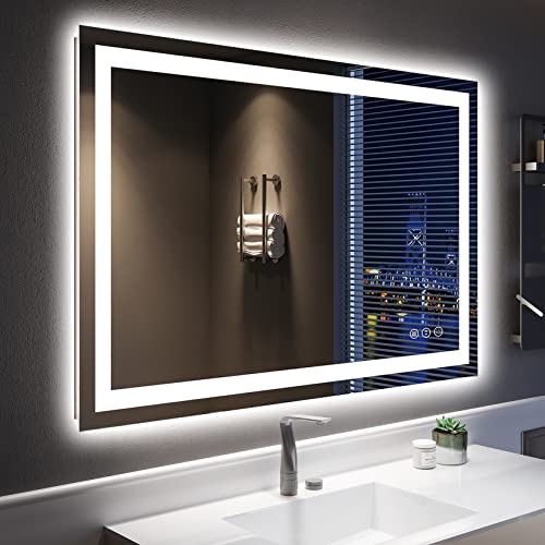 Image of 48x32 Inch LED Bathroom Mirror with Lights Front and Backlit Lighted Vanity Mirror for Bathroom Wall with 3 Colors Dimmable Anti-Fog Memory Shatter-Proof IP54 Waterproof Horizontal /Vertical
