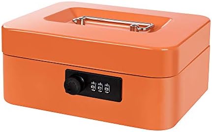 Cash Box with Money Tray and Combination Lock Metal Money Box Change Lock Box for Money 7.87" x 6.3" x 3.54" Orange