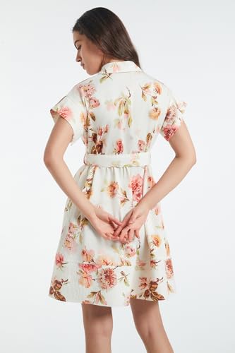 Image of D-Sun Women Button Down Shirt Dress V-Neck Floral Printed Short Sleeve Mini Dress Casual Belted Short Party with Pocket