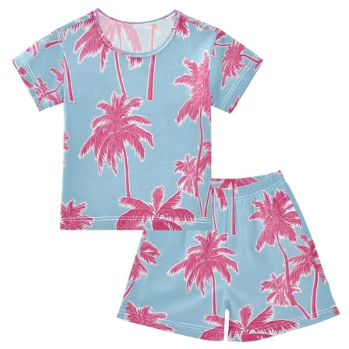 senya Short Sleeve Pajamas Sets Summer Cotton Sleepwear Pink Plam Tree Blue Background