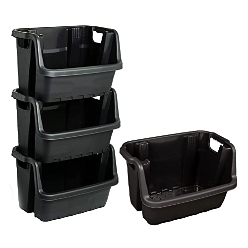 STAR SUPPLIES Stackable Heavy Duty Large Open Fronted Storage Boxes For Home Office Garage Kitchen Warehouses Black Plastic Crates (Set Of 3)